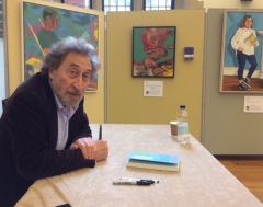 Harold Jakobson signing copies of his book pussy in front of my portrait of Daisy - Art of Reading Lots Road Group Cambridge Literary Festival April 2017-002